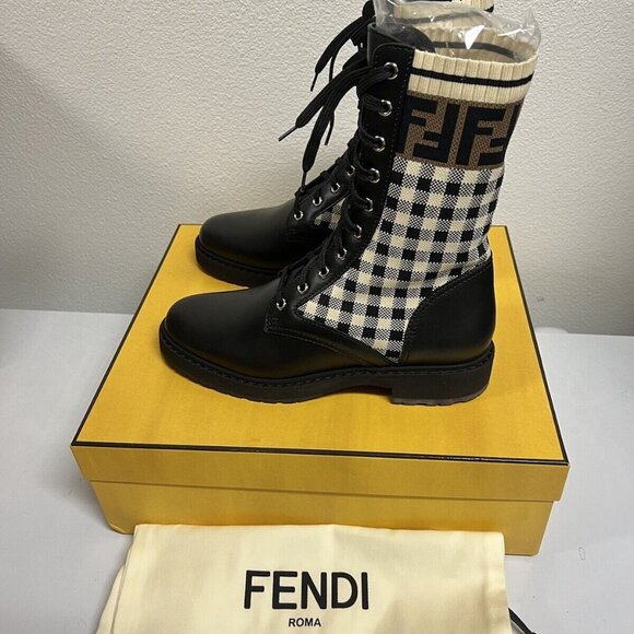 Fendi Rockoko Logo Combat Knit Domino Signature Biker Combat Boots 36/38.5 - Picture 5 of 10